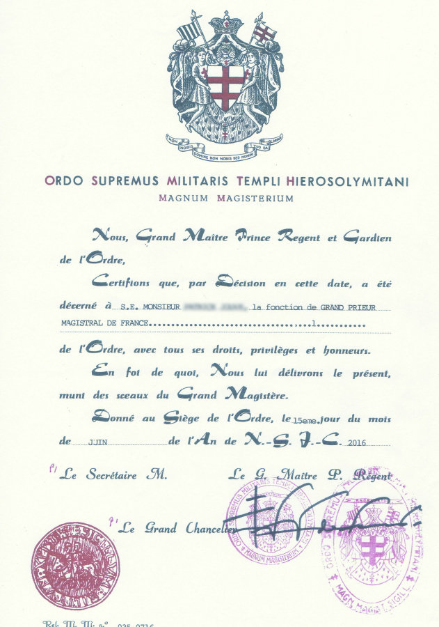 Certificat de nomination à la fonction de Grand Prieur Magistral de France