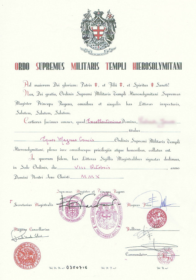 Certificat de nomination au grade de Chevalier Grand Croix