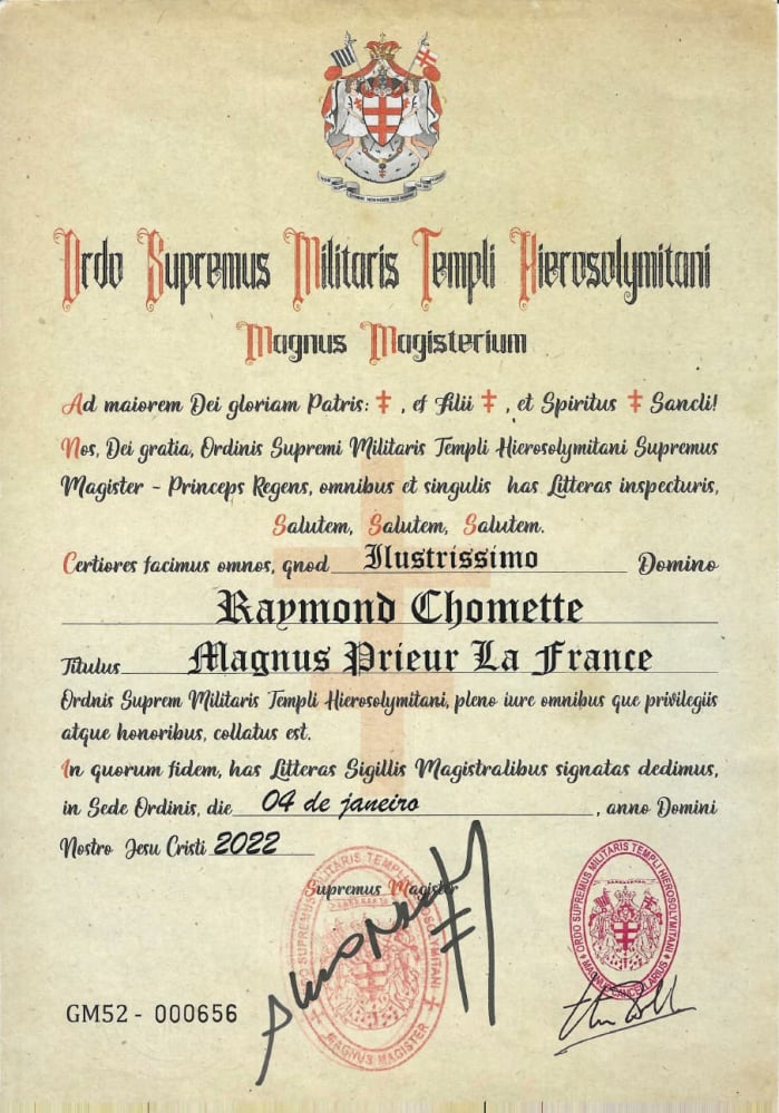 Certificat de nomination à la fonction de Grand Prieur de France