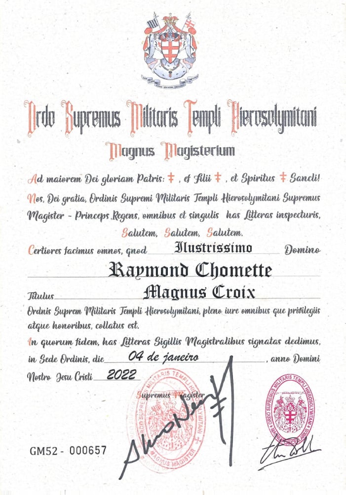 Certificat de nomination au grade de Chevalier Grand Croix